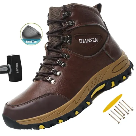 Dian Sen Men's Fabric Upper Rubber MD Sole Lace-Up Above-the-Ankle Below-the-Knee Steel-Toe Waterproof Work & Safety Boots - Anti-Smash, Stab-Resistant, Anti-Slip, Wear-Resistant, Breathable, Advanced Color Scheme, Outdoor Construction Footwear