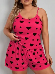[Plus Size] Two-Piece Set  Heart Print Cami Top & Elastic Waist Shorts, Casual Sleeveless Spaghetti Strap Top & Shorts, Women's Two-piece for Summer, Womenswear, Camisole Sets