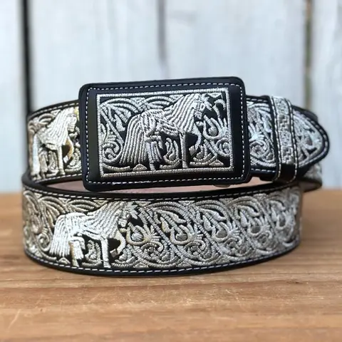 Caballo Orlas 13192 Western Style Belt in Genuine Leather with Silver Embroidery Adjustable Buckle 2 Inch Width Made in Mexico