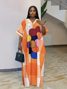 African Nigerian Style Women's Dress, Print Patchwork Loose Fit Ethnic Boubou Kaftan, Summer V Neck Short Sleeve, Elegant Party Dress with Pockets