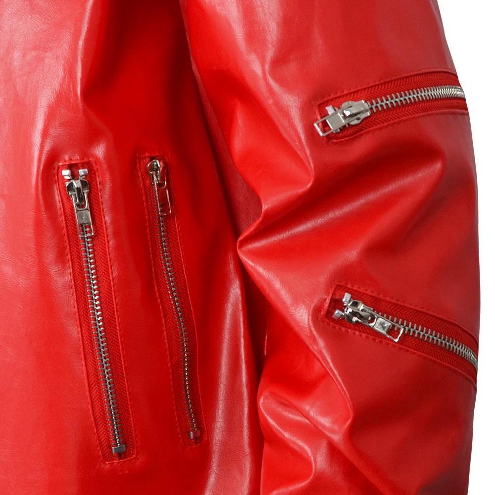 Punk Michael Jackson Red Jacket Cosplay Costume Men Classic Beat It Stage Outfit Shoulder Mesh Multiple Zipper Details