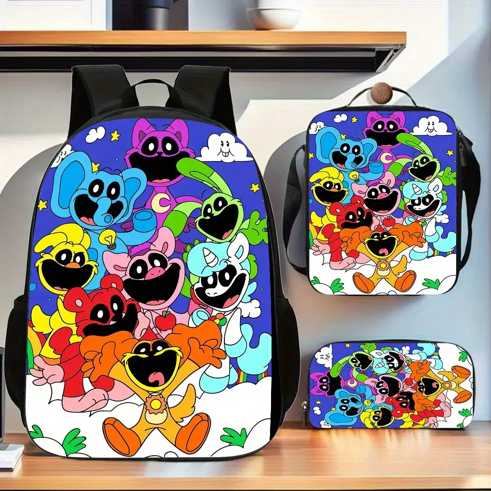 Smiling Critters 3pcs Unisex Backpack Set - Back to School Haul, Chic Athletic Bag for 10-11 Years Friend, with Laptop Compartment, Pencil Case, Lunch Box, Crossbody/Shoulder Bag, Large Capacity, All Seasons Daily Commuter Luggage, Hand Wash Only