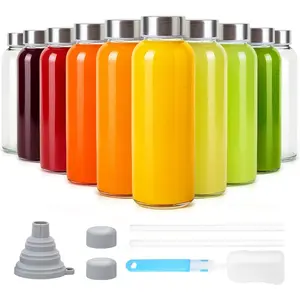10 oz Glass Juice Bottles, 10 Pack with Stainless Steel  -  Small Glass Bottles for Smoothies, Iced  & Milk - Leak-Proof, , Dishwasher Safe