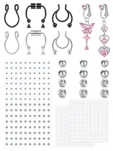 Fake Body Piercings Set, Party Style Heart Design, Stainless Steel Material, All Season Wear, Perfect for Halloween & Daily Use, Body Piercing Jewelry