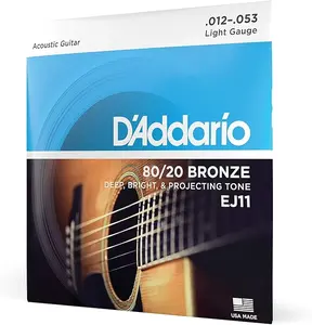 D'Addario Guitar Strings - Acoustic Guitar Strings - 80/20 Bronze - For 6 String Guitar - Deep, Bright, Projecting Tone - EJ11 - Light, 12-53