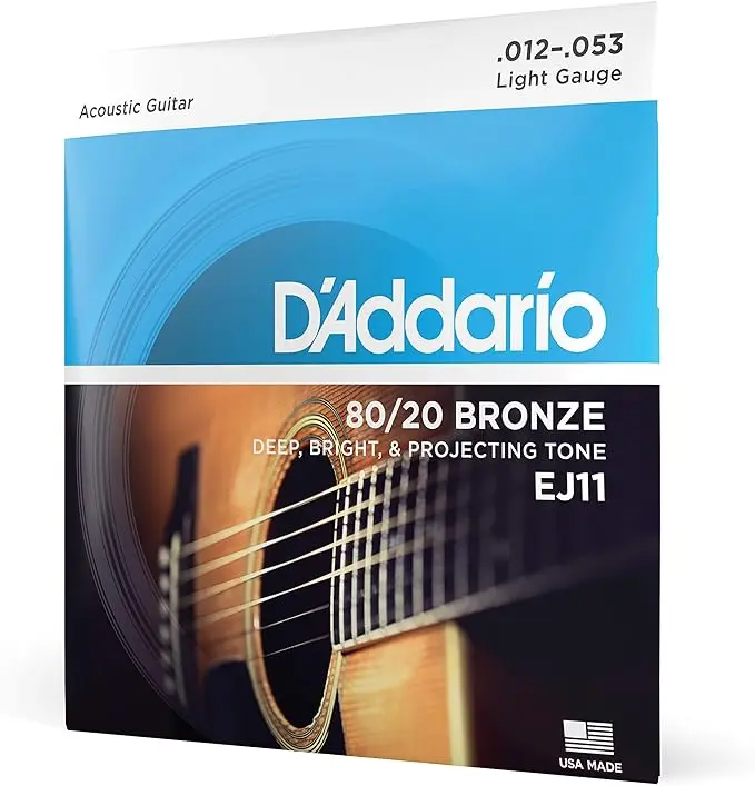 D'Addario Guitar Strings - Acoustic Guitar Strings - 80/20 Bronze - For 6 String Guitar - Deep, Bright, Projecting Tone - EJ11 - Light, 12-53