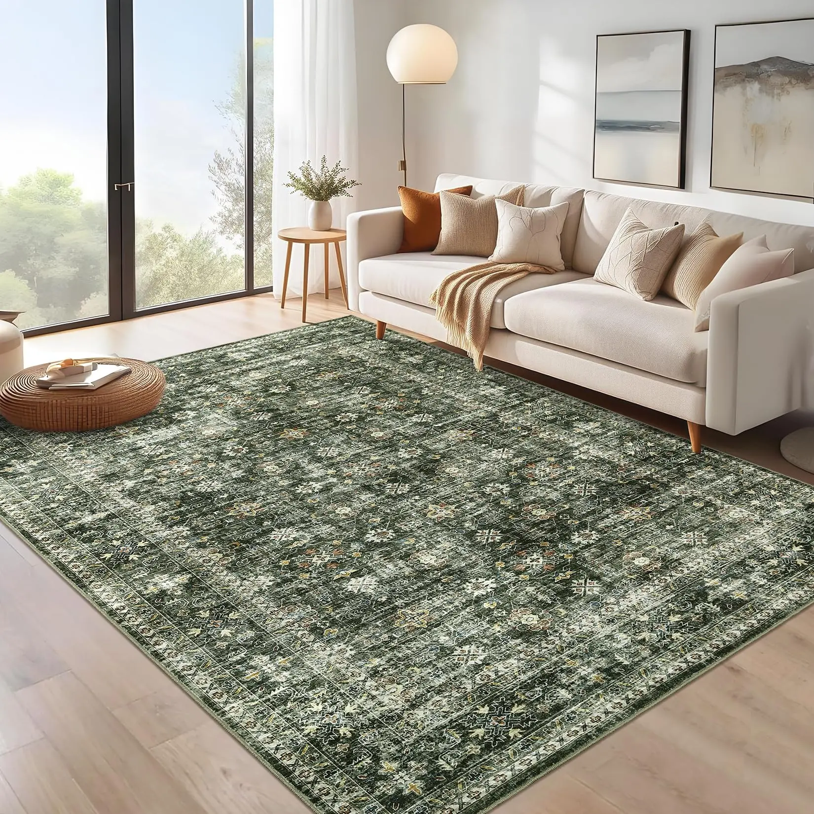 GARVEE 9x12 Washable Area Rug with Non-Slip Backing, Vintage Style, Low Pile, Foldable and Thin Design, Perfect for Bedroom, Living Room, Dining Room, Farmhouse, Office, Nursery, Dorm in Green