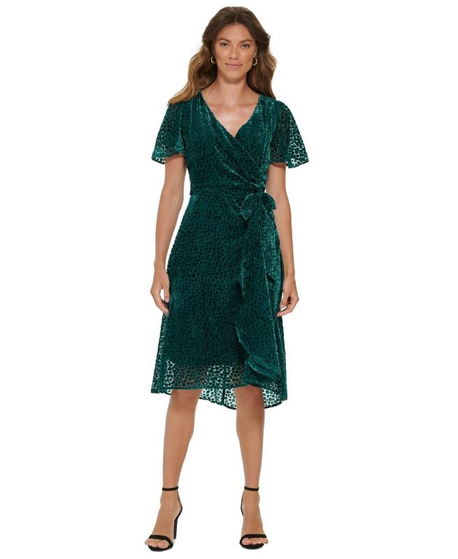 DKNY Women's Green Burnout Velvet Flutter-Sleeve Midi Dress