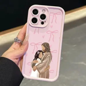 A pink phone case with a heart-shaped bow hug design, compatible with iPhone 17/16/15/14/13/12/11 Pro Max Plus. Made of soft TPU, this stylish protective case is perfect as a gift.