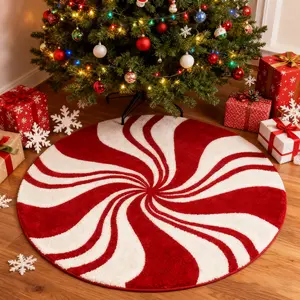 Round Christmas Swirl Pattern Carpet, Luxury Artistic Foldable Washable Non-Slip Plush Rug, Home Decorative Rug, Large Area Easy Care Mat for Living Room Bedroom
