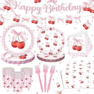 Cherry Birthday Decorations - Cherry Party Decorations Serves 24 Includes Cherry Paper Plates, Napkins, Cups, Forks, Tablecloth, Banner, for  Shower Cherry Themed Party Decorations