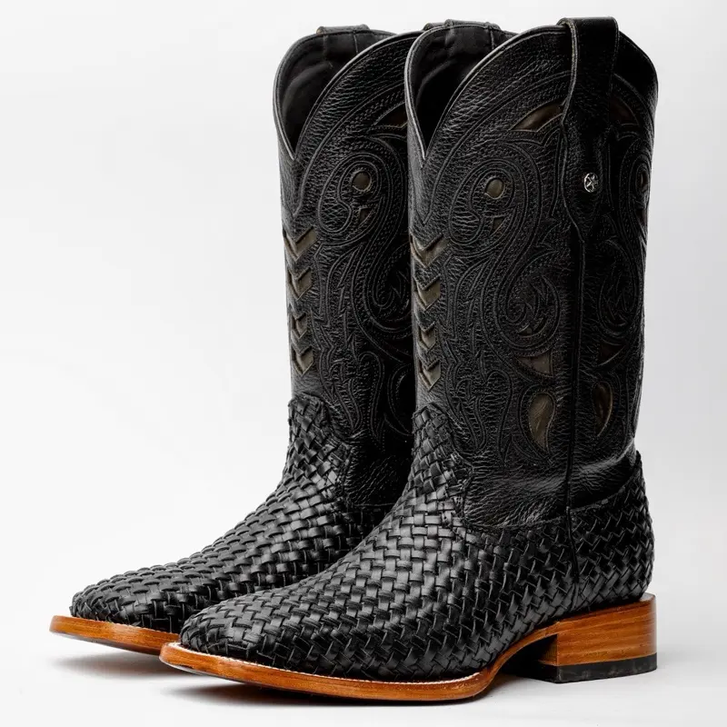 Black Basketweave Leather Boots - Square Toe Black Basketweave Leather Boots - Square Toe