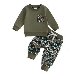 Toddler Baby Boy Fall Winter Clothes Long Sleeve Pocket Sweatshirt Pullover Tops Elastic Waist Camo Jogger Pants Two Piece Outfit