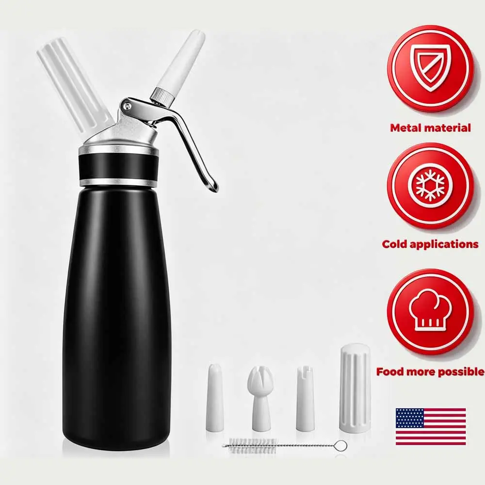 Black 1 Pint Whipped Cream Foam Whipper Dispenser, Premium Aluminum & Stainless Steel Cream Maker Kit with Full Accessories, Easy Operate DIY Tool for Dessert Cake Coffee Drink Decoration