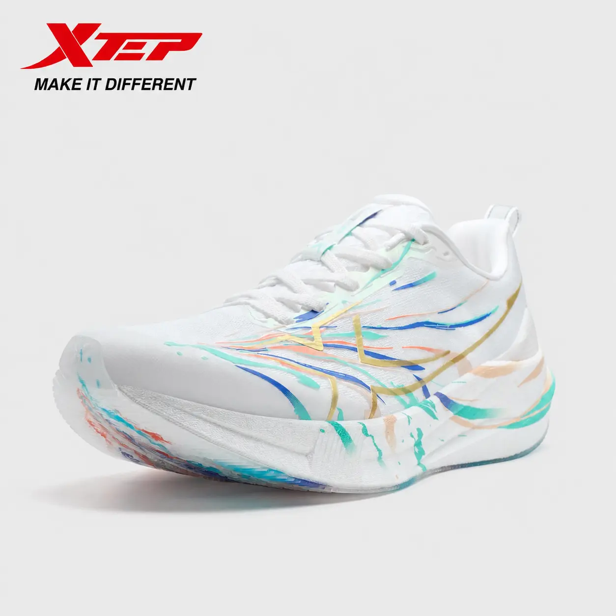 XTEP 2000km 5.0 Men's Running Shoes,Classic white/flowing gold/daylight blue 5.0,Next-Gen Midsole,Unbreakable Upper,Pro-Level Stability and Lighter & Faster.