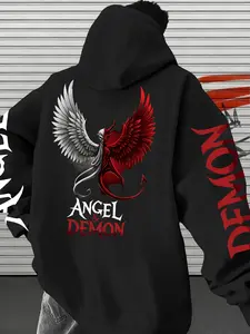 Men's Dark Street Style Graphic Angel Demon Devil Wings Hoodie, Graphic Hoodies, Fashion Casual Clothing, Perfect Gift for Men, Long Sleeve Loose Fit, Fall & Winter