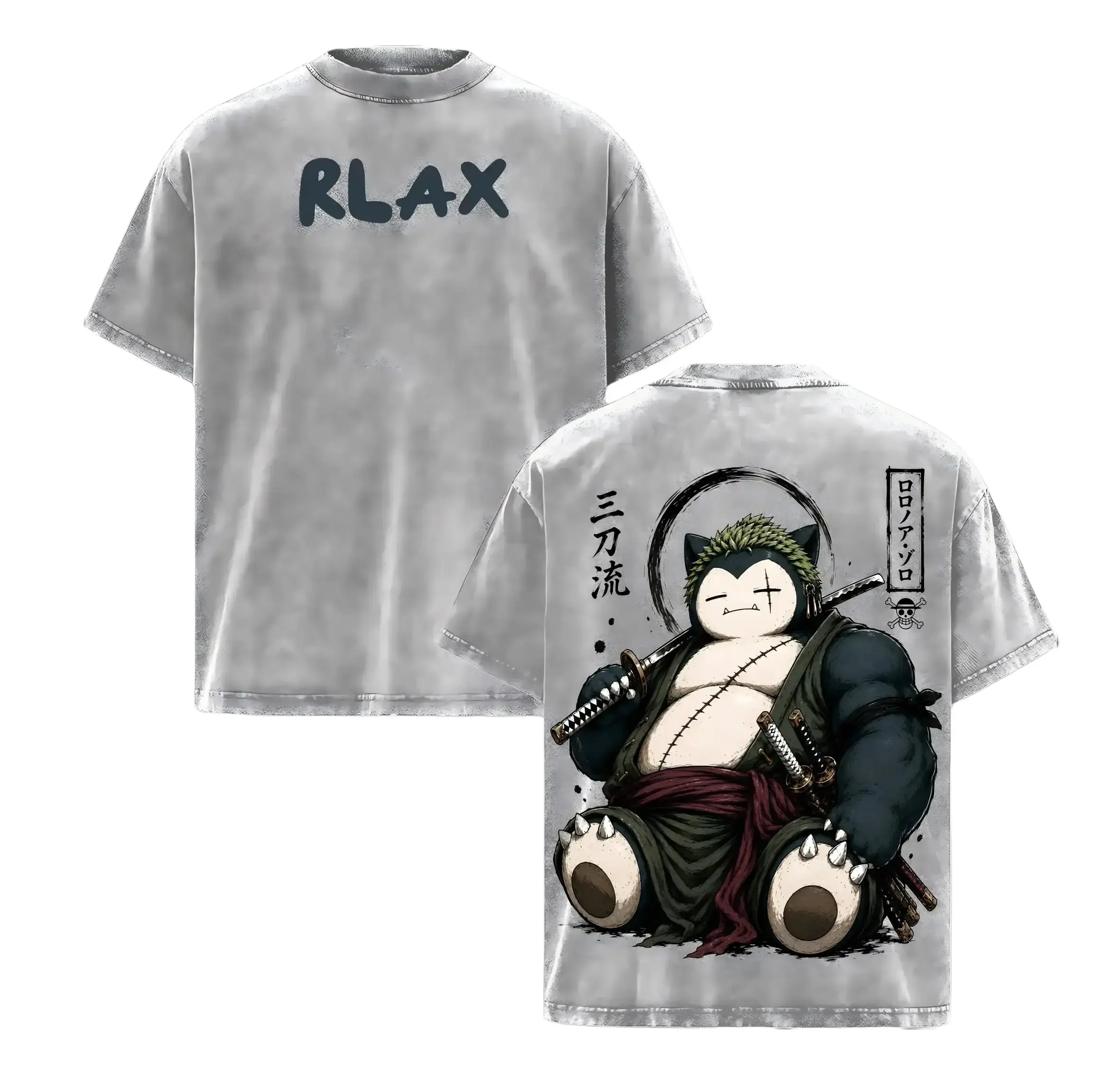 Snorlax One Piece Mashup Anime Graphic Tee, Vintage Washed Heavyweight Cotton Oversized Double-Sided T-Shirt
