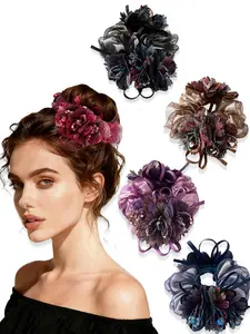 1/4pcs New Retro Elegant Floral Mesh Scrunchie, Women's Fashionable Luxury Handmade Beaded Floral Hairband, High Elastic Mesh Floral Hair Tie, Ponytail Hair Tie, Suitable for Everyday Wear and Holiday Parties, Women's Headwear and Hair Accessories
