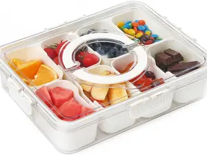 Divided Serving Tray with Lid and Handle-Snackle Box Charcuterie Container for Portable Snack Platters, 8 compartment snack container, Fruit Veggie Charcuterie Box Snack Tray for Travel Party