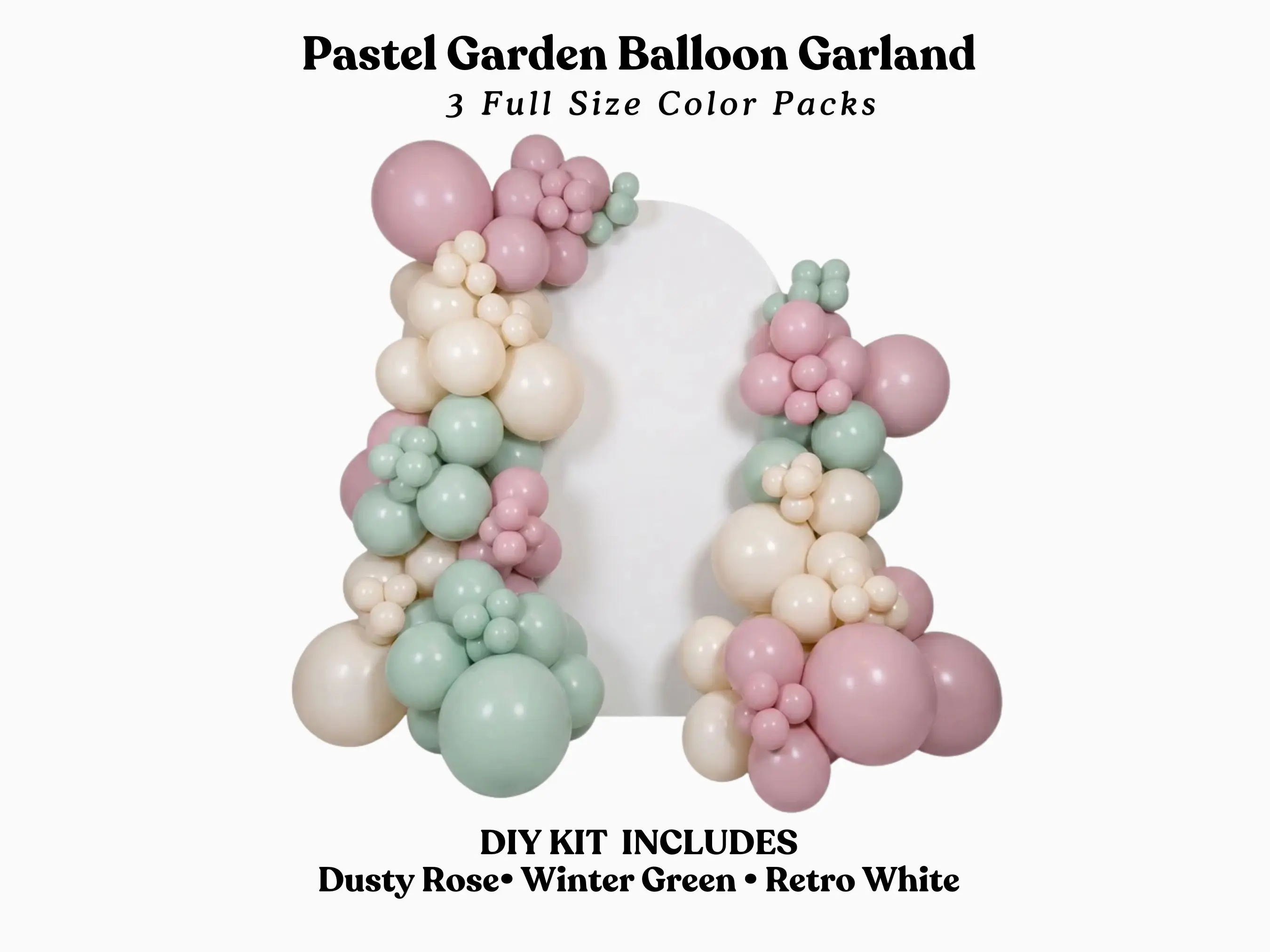 Pastel Garden Balloon Garland - Winter Green, Retro White, Dusty Rose DIY kit
