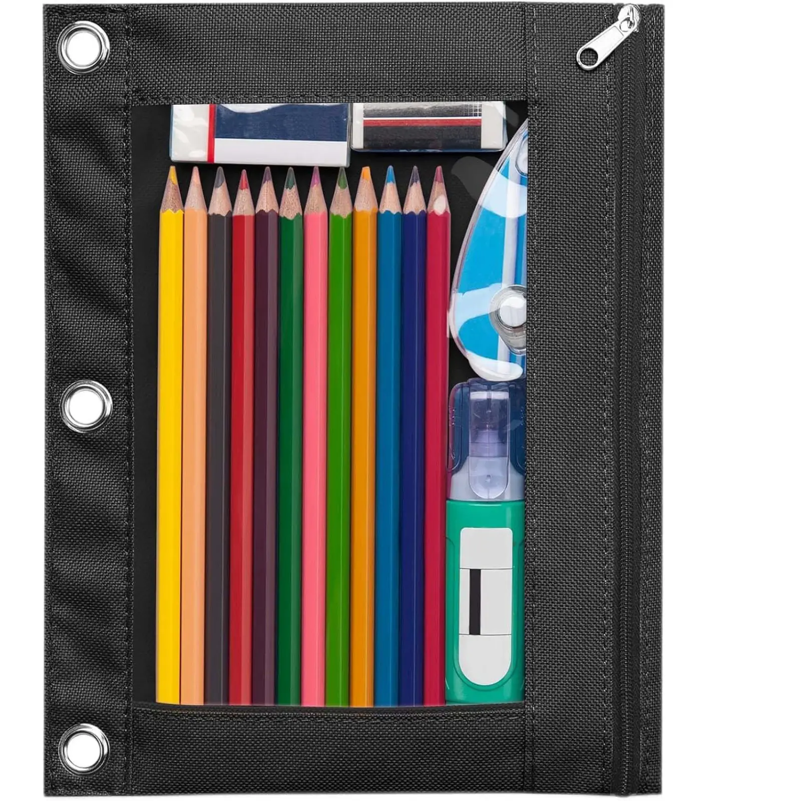 Pencil Pouch for 3 Ring Binder, Large Pencil Case Pouch Binder | Zipper Pencil Pouch Pencil Bag with 3 Reinforced Grommets, Pen Bag, Clear Window Pencil Case, Binder Pencil Pouch Box, Black sohochic