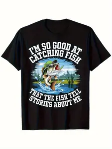 Men's Funny Fishing Shirt - "I'm So Good at Catching Fish" Graphic Tee with Leapin' Fish Design, Heavyweight Non-Transparent Cotton Shirt for Anglers, Outdoor Activities & Casual Wear - Breathable Black T-Shirt Gift for Fishermen, Angler Clothing, Playful