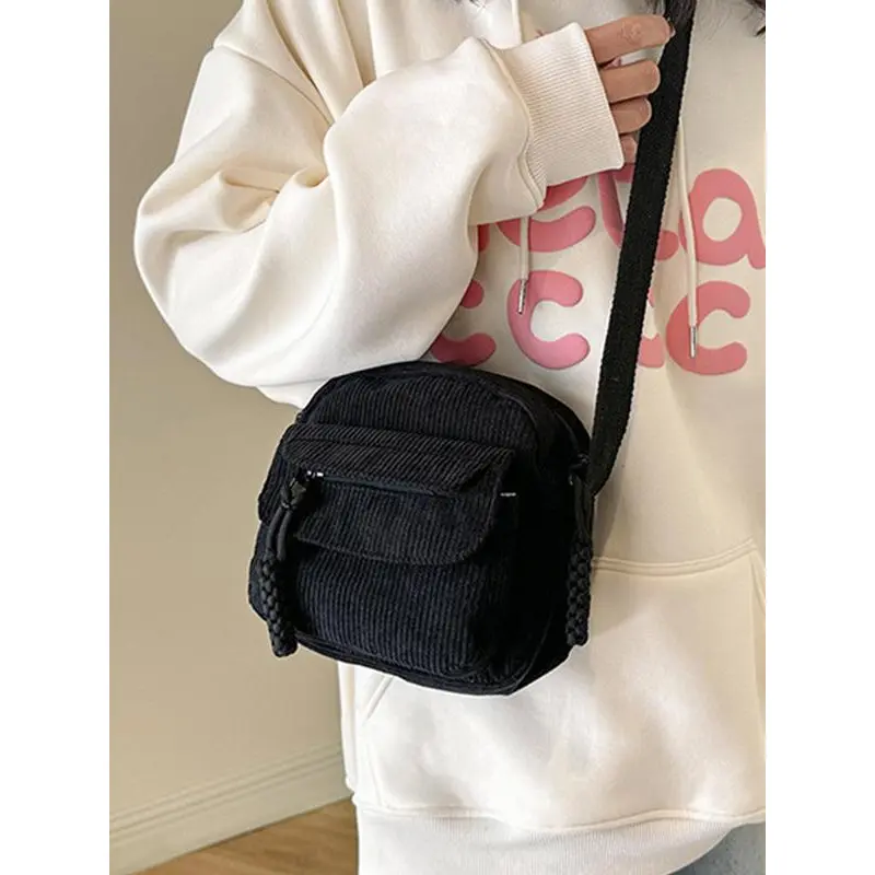 Women’s Solid Color Corduroy Zipper Shoulder Bag – Fashionable Mini Square Crossbody Bag, Casual Versatile Bag for Daily Use