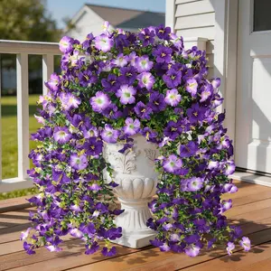 Outdoor Artificial Petunia Hanging Plant Set (4pcs), 30 Inches; UV-resistant silk flowers with long vines, perfect for creating a realistic spring floral display on garden porches or in hanging baskets Rectangular Planter
