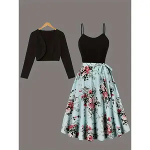 US Shipping  Elegant Leaf Print Pleated Set - Long Sleeve Open Front Cardigan, Backless Sleeveless Belted Cami Dress - Women's Chic Outfit for Casual Occasions