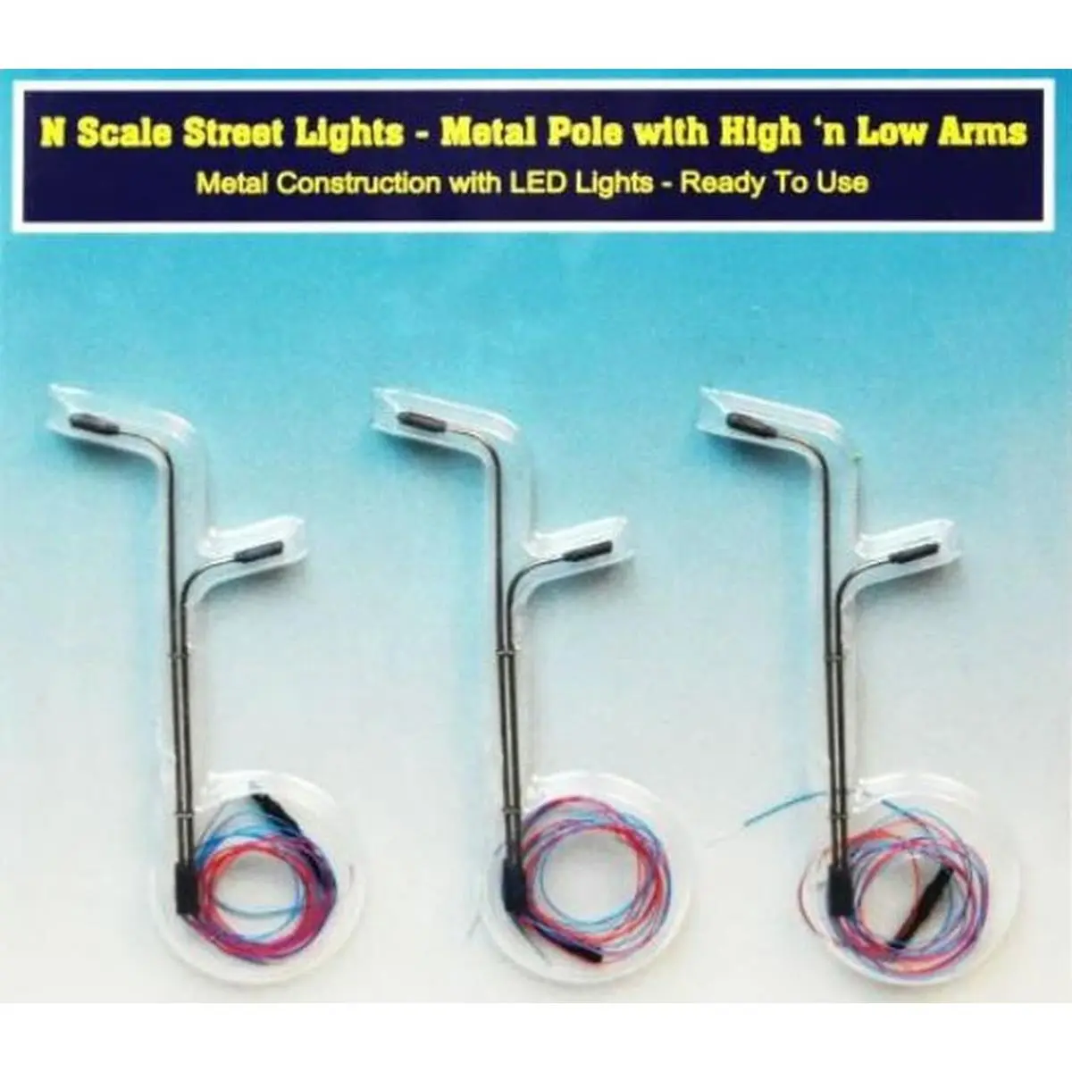 212 MAIN N-Scale Double Pole Metal Street Lights - 2 High-Low Arms, Ready-to-Use LED Lights, Model Train Hobby Accessory
