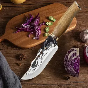 Multi-functional stainless steel kitchen knife, with wooden handle, sharp blade, for cutting, mincing and slicing - includes leather sheath, for safe storage - perfect for the kitchen, camping and barbecues