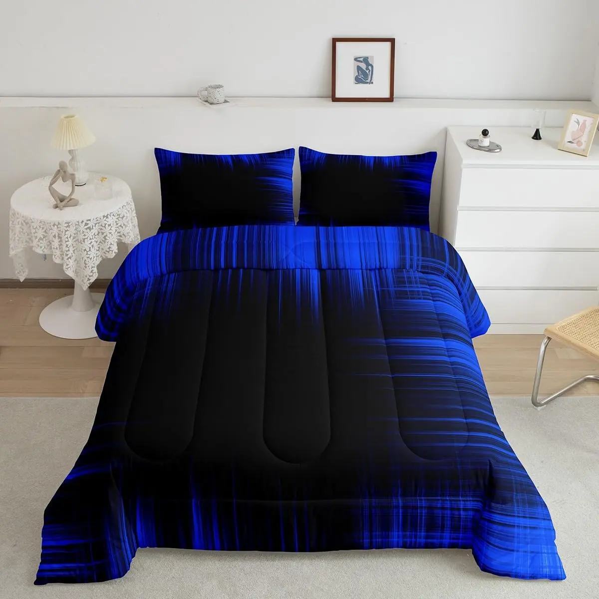 Feelyou Luxury Breathable Fabric Multi-Size Duvet Set - Toddler-Friendly Blue & Black Geometric Print, Abstract Ombre Modern Designer Bedding, Comfy Bedding for Kids Rooms, Set Includes Core Bedding Pieces