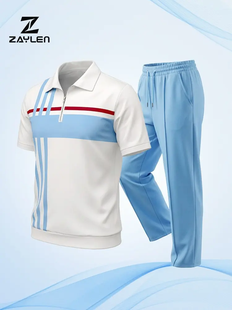 Men’s Color Block 2-Piece Polo Tracksuit Set - Short Sleeve Half-Zip Top & Drawstring Pants, Casual Menswear for Streetwear & Daily Wear lightweight breathable summer outfit