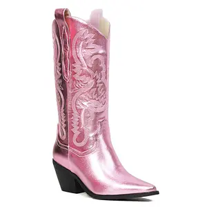 CYNLLIO Cowboy Boots for Women Metallic Mid Calf Cowgirl Boots Embroidered Pointed Toe Chunky Heel Pull on Knee High Boots Sparkly Western Cowboys Dance Boots