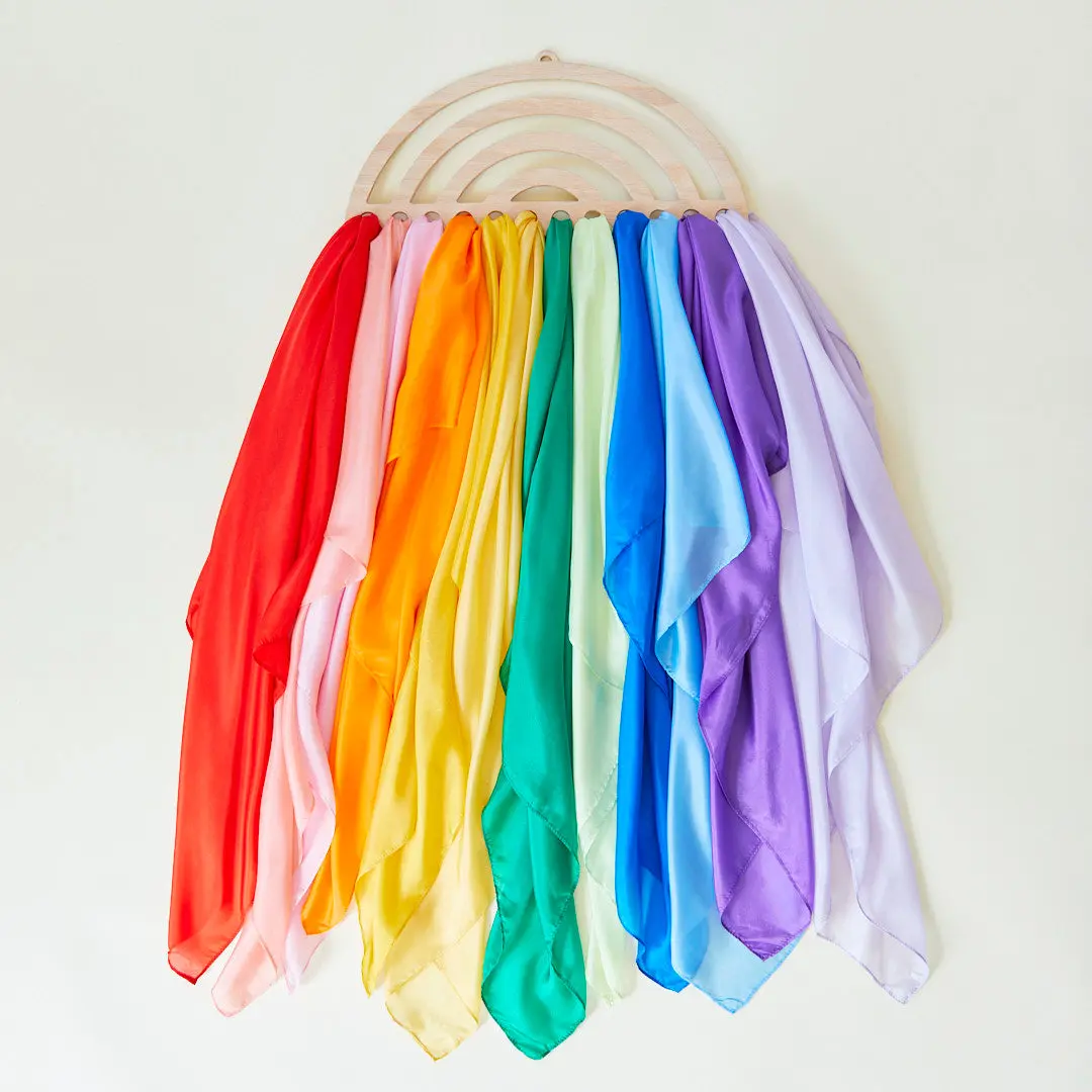 Oak Wall-Mounted Rainbow Playsilk Versatile Organizer - Easy-Installation Hook-Rail for Large Playsilk Display, Encourages Tidy Playrooms, Safe for Children Home Supply