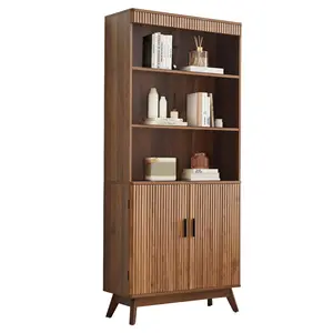 Giratree 68" Fluted Tall Bookcase with Storage Cabinet,Mid-Century Modern 5-Tiers Arched Bookshelf Cabinet with Doors, Arched Bookcase with Open Display Storage Shelf for Home Office Bedroom Living Room