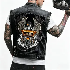 Men's Distressed Sleeveless Denim Waistcoat Vest - Menswear Gothic Clothes with Skull-001 Print, Breathable Punk Retro Streetwear for Motorcycle Biker, Casual Spring Summer Riding Outfit