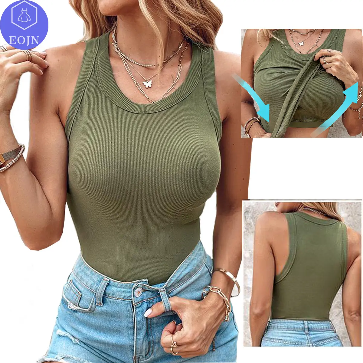 EOJN Round Neck Built-in Bra Ribbed Tank Top/Ribbed Built-in Bra Tank Top,Breathable and Comfy Skinny Basic Shorts,Casual Sleeveless Minimalist Womenswear Tanktop