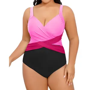 Tempt Me Plus Size One Piece Swimsuits for Women Tummy Control Retro Bathing Suit Cross Front Swimwear