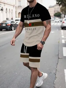 Men's Summer Casual Letter Print Tee Shorts Set, Short Sleeve Fitted Top, Regular Length, Random Pattern, with Collar, Collared, Menswear, Clothes