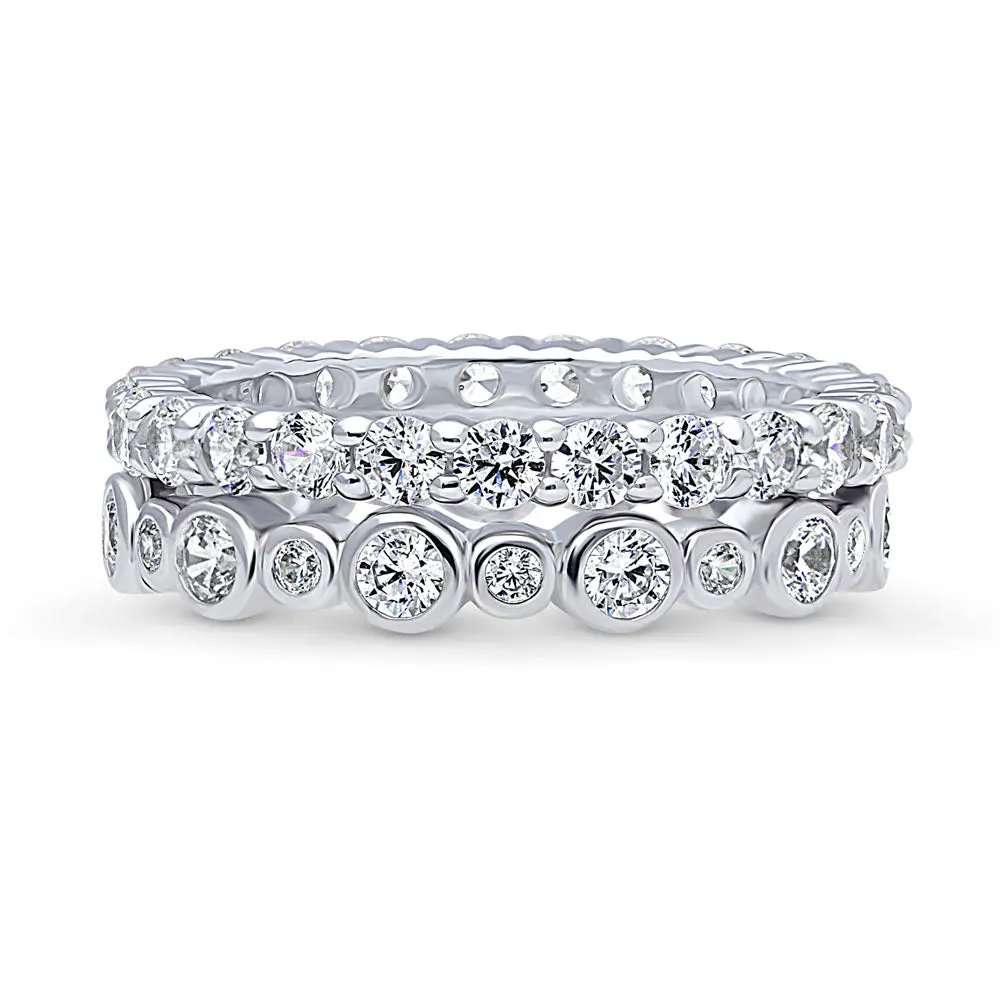 BERRICLE Sterling Silver Bubble Rings Stackable Eternity Band Ring Set for Women, Pave Set Round Cut Cubic Zirconia CZ
