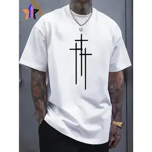 Men's cross print T-shirt, casual style, short sleeve, summer T-shirt, round neck, soft cotton top