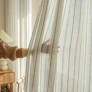 French Medieval Linen Grainy Cream Living Room Bedroom Floating Window Sunshade Blue And White Striped Gauze Curtain
