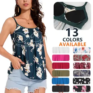 Women Printed Camisole with Built Sewn in Bra Cup Push Up Supportive Sleeveless Tank Top Tee Shirt Top Bra Relaxed Floral Blouse Plus Size S-4XL
