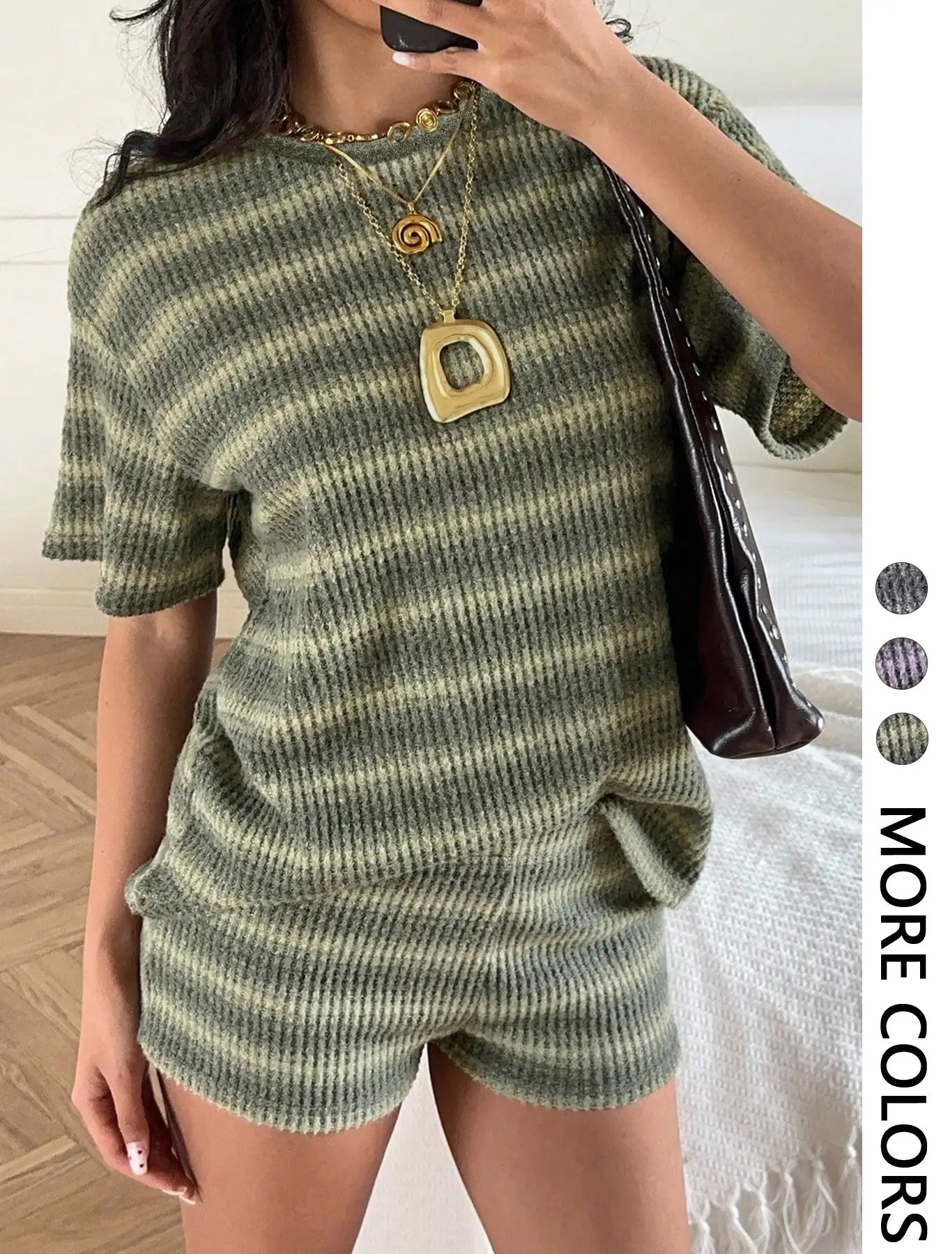 Women's Striped Waffle Knit Two-Piece Set Outfit, Short Sleeve T-Shirt & Shorts Casual Home Wear, Loose Fit, Baggy, Spring & Fall