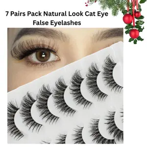 7 Pairs Pack Christmas Gift! Natural Look Cat Eye False Eyelashes – 5D Volume Fluffy Wispy Fox Eye Lashes, 17mm Strip Fake Eyelash Extensions