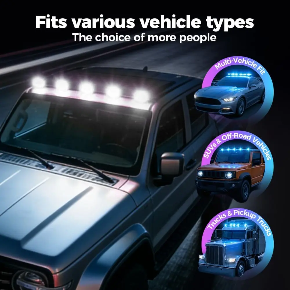 5-Pack Wireless Solar Truck Cab Lights, Drill-Free Roof-Mounted Cab Marking RGB Light Strip with 8 Colors, Suitable for Truck Cab Lighting, Solar LED Marking Lights