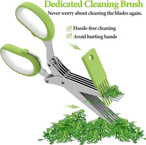 Herb Scissors, Kitchen Herb Shears Cutter with 5 Blades and Cover, Sharp Dishwasher Safe Kitchen Gadget - Green Stainless