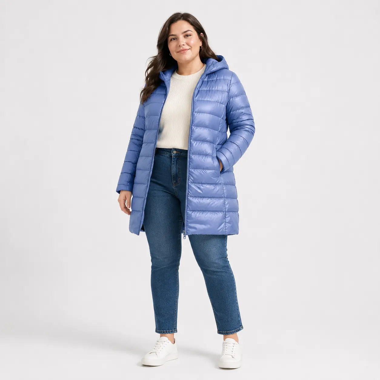 Women’s Plus Size Lightweight Long Hooded Quilted Down Coat - Warm Zip-Up Packable Winter Long Coat, Quilted Panels