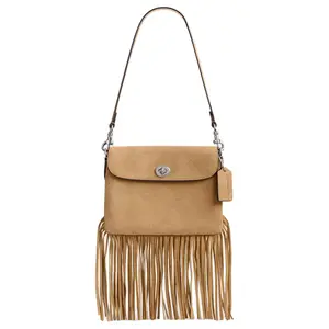 COACH 1964 Fringe Suede Fringe Shoulder Bag with Turn-Lock Closure in Silver and Peanut